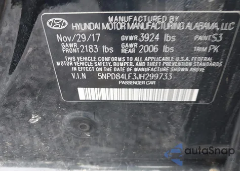 2018 Hyundai Elantra Sel z USA, uszkodzony, nr VIN 5NPD84LF3JH299733